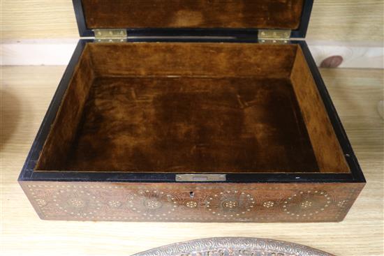 A Damascus style brass and abalone inlaid box 36 x 11cm